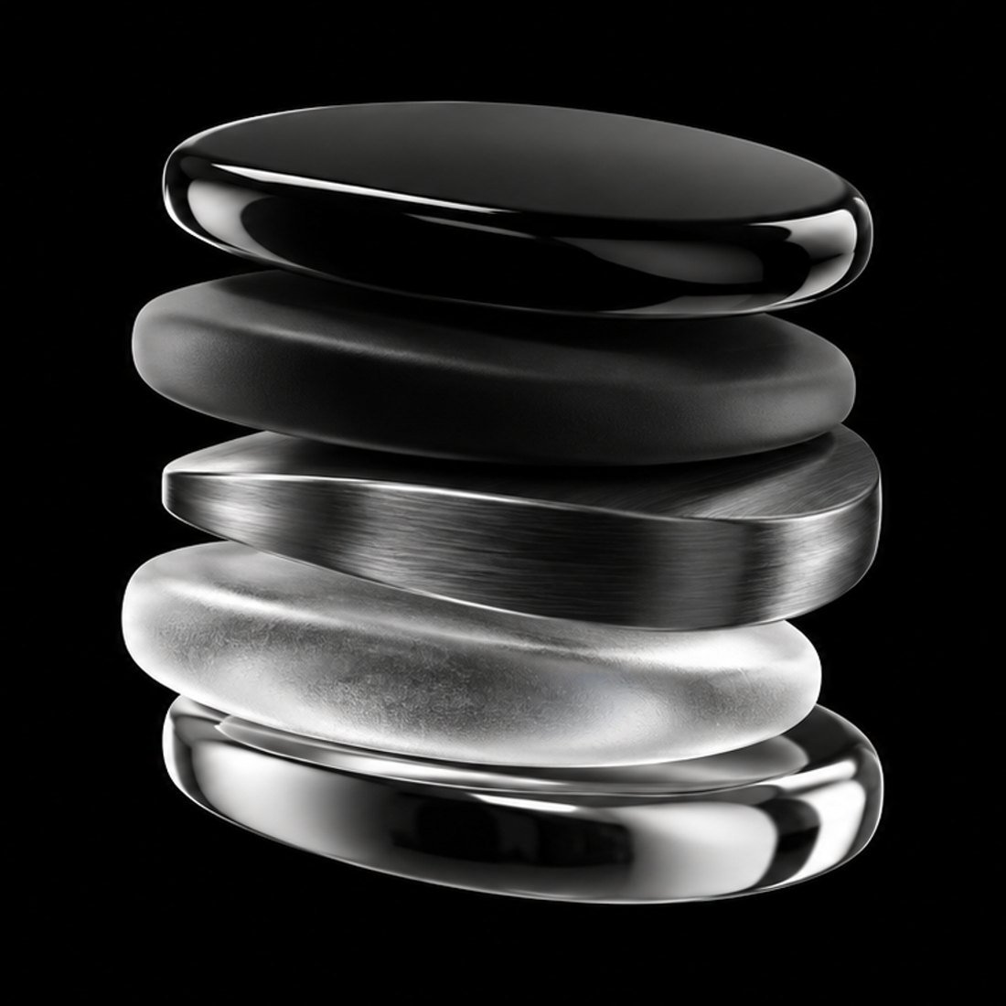 Five stacked slabs in different materials, one for each product