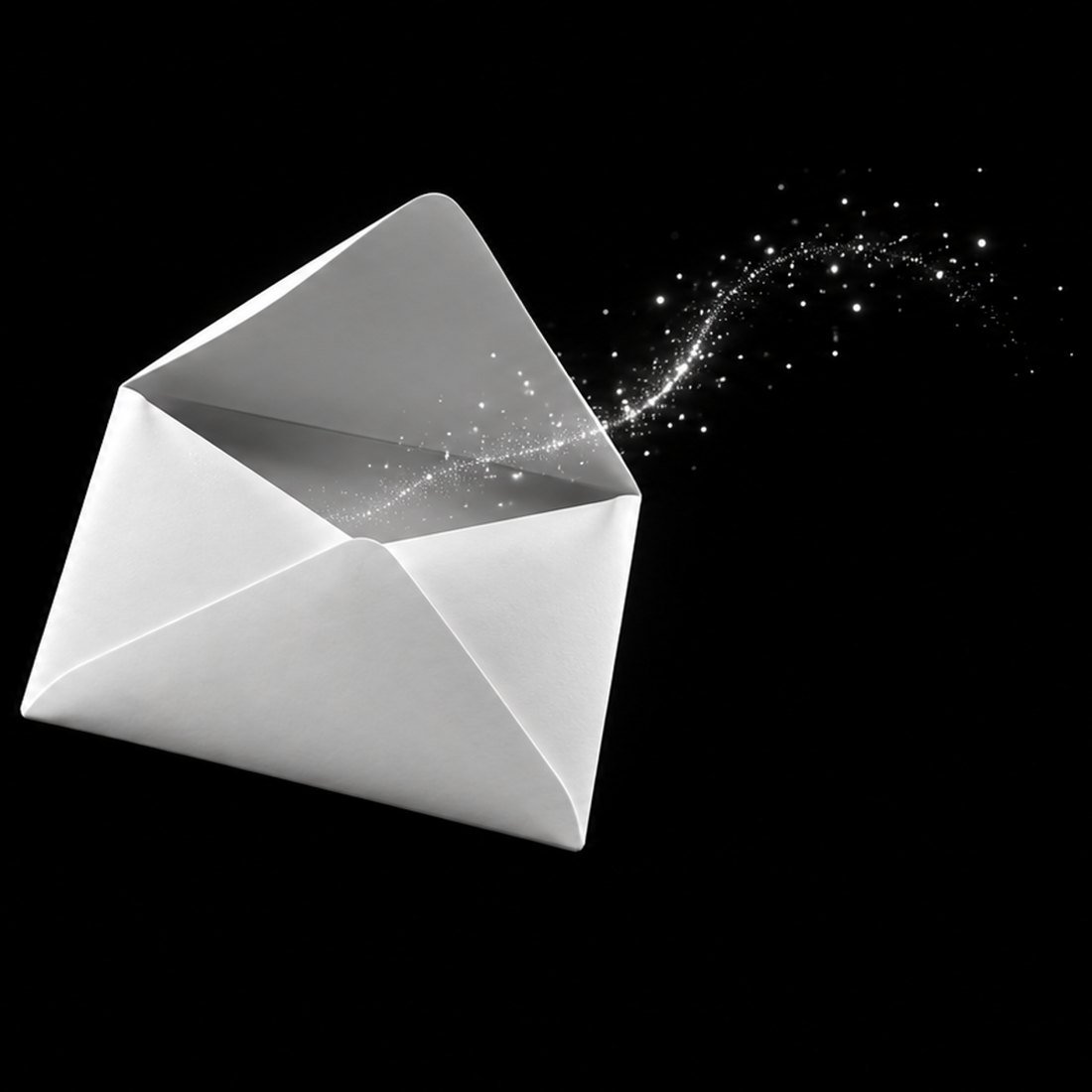 An open envelope with a trail of light